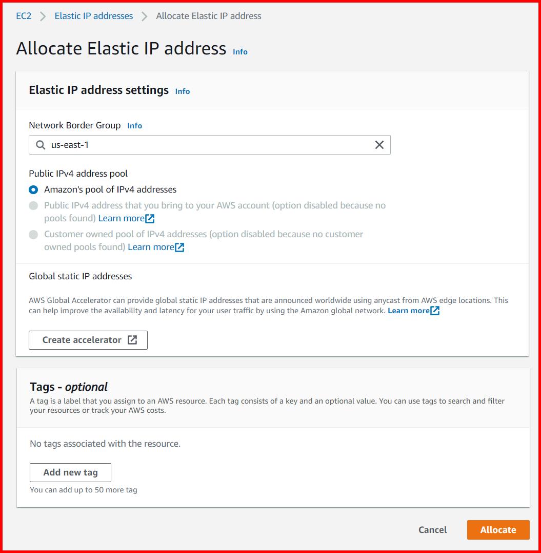 Picture showing the screen for allocating the elastic IP address